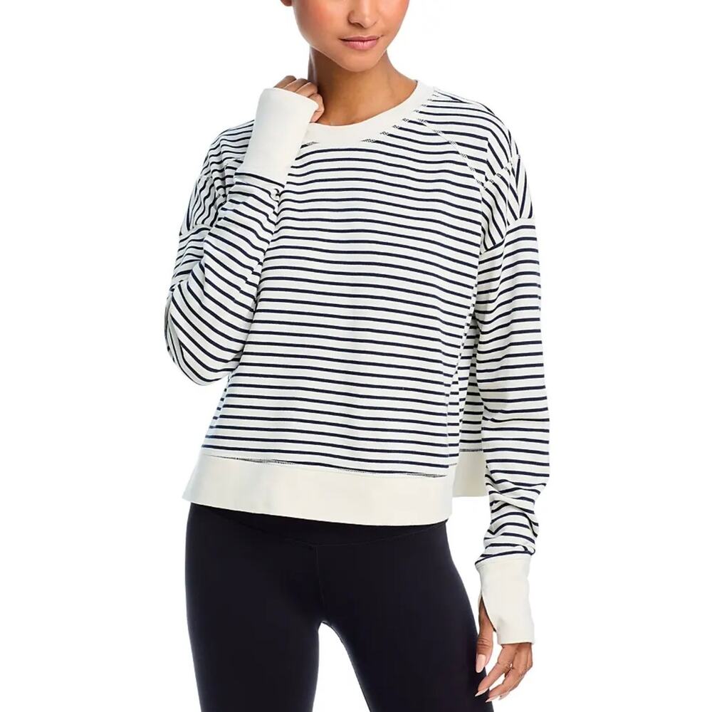 Sweaty Betty After Class Cropped Navy Striped Sweatshirt US 6 Pilates Athleisure